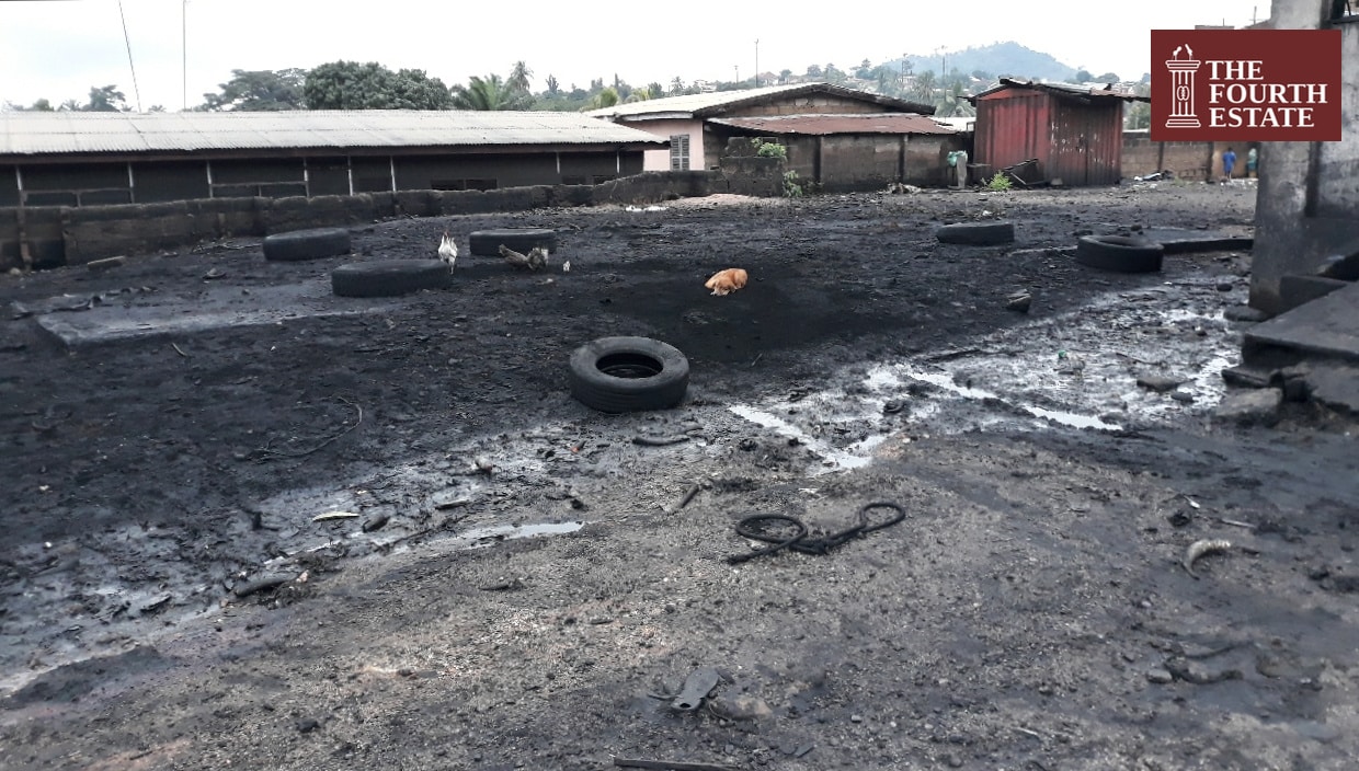 The butchers torch the slaughtered animals here using car tyres that pollute the environment